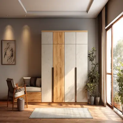 4-Door Modern Swing Wardrobe Design With Neutral Wood Contrast Finish