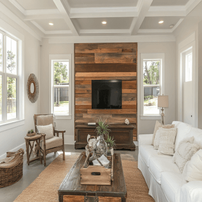 Classic White And Brown Wall Design With Wooden Planks