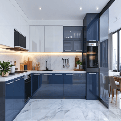 Modern Modular L-Shaped Blue And White Kitchen Cabinet Design With Glossy Cabinets