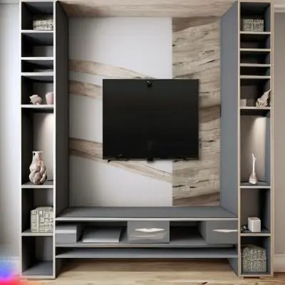 Rustic TV Unit Design in Grey Toned Wood Laminate