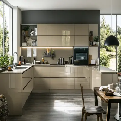 Modern Champagne Modular L-Shape Kitchen Design With High Gloss Shutter Finish