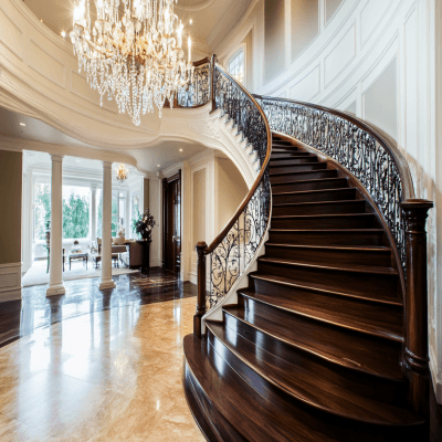 Classic Curved Staircase Design with Rich Wooden Finish