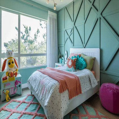 Contemporary Kids Room Design For Girls With Sea-Green Accent Wall And Geometric Wall Paneling