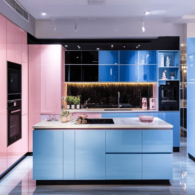 Modern and Spacious Layout Island Kitchen Design in Blue and Rose Colour