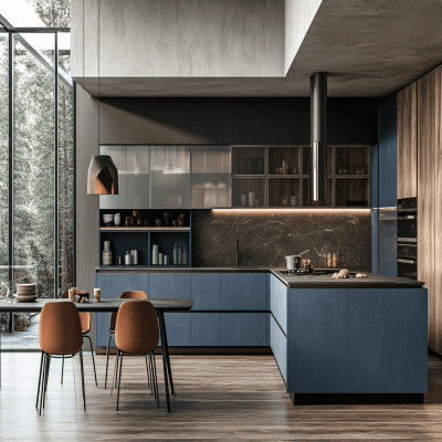 Contemporary Modular Blue L Shaped Regalia Kitchen Design With Frosted Glass Shutters
