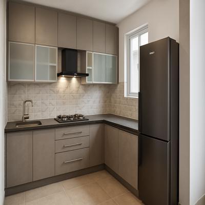 Contemporary Grey L Shaped Kitchen with Frosted Glass Cabinets