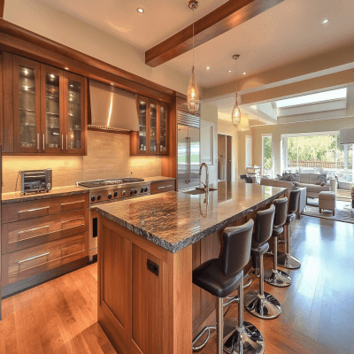 Contemporary Island Kitchen Design with Glass Wall Units