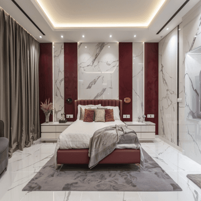 Contemporary White And Maroon Master Bedroom Design With Marble Wall Panel
