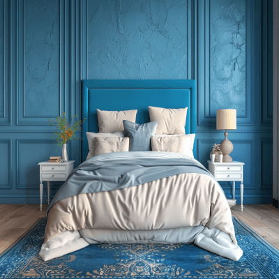 Classic Master Bedroom Design With Textured Bright Blue Accent Wall