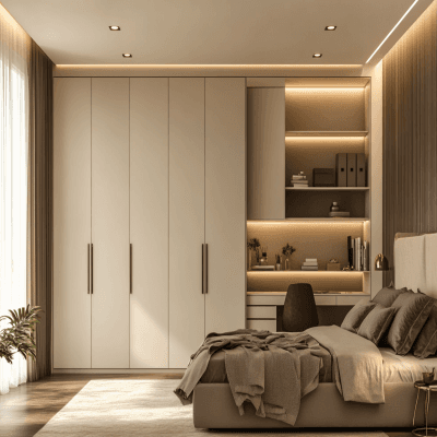 6-Door Contemporary Swing Wardrobe Design with Study in Cream Finish