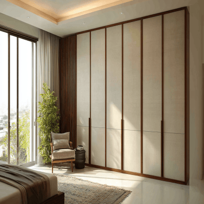 6-Door Contemporary Swing Wardrobe Design with Suede Finish Laminate Shutters