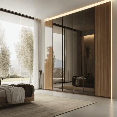 6-Door Modern Swing Wardrobe Design with Glass and Wood Finish