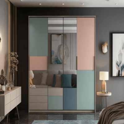 Modern Pastel Multicoloured 4 Door Swing Wardrobe Design With Dresser