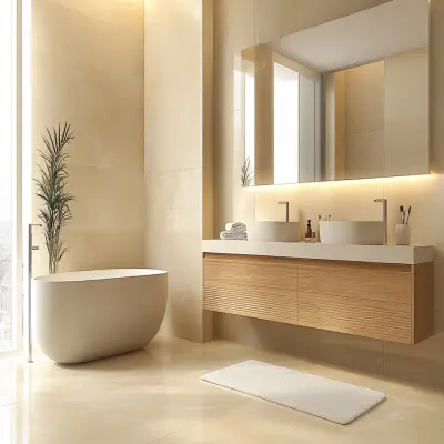 Contemporary Beige Bathroom Design With White Bathroom Counterop And Wooden Vanity Unit