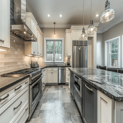 Contemporary L-Shaped Kitchen Design in Metallic Silver and White