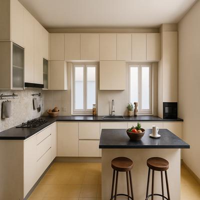 Contemporary Cream Island Kitchen with Minimal Layout