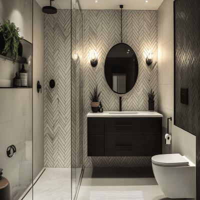 Contemporary Black And White Bathroom Tile Design With Circular And Herringbone Patterns