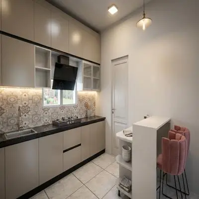 Straight Kitchen with Patterned Tile Backsplash and Breakfast Counter