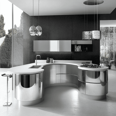 Modular Modern Metallic Silver U Shaped Kitchen Design With A High-Gloss Finish
