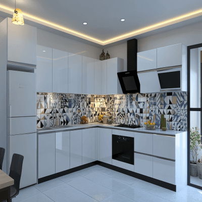 Modern Frosty White L-Shaped Kitchen Design With Geometric Backsplash