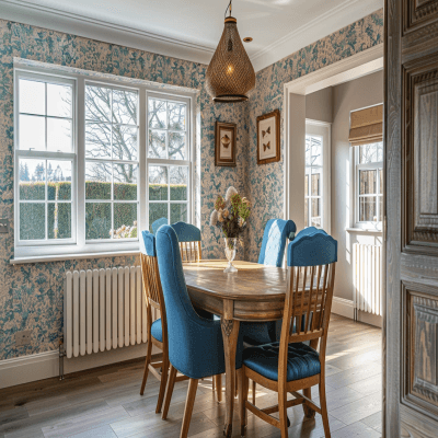 Contemporary 4-Seater Wood And Blue Dining Room Design With Beige Wallpaper