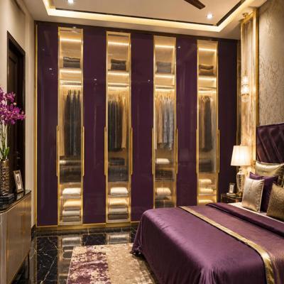 7 Door Modern Swing Wardrobe Design in Glossy Purple and Fluted Glass Shutters