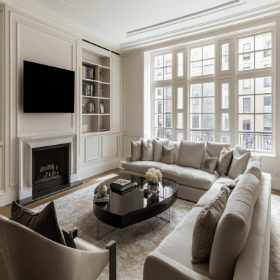 Stylish Contemporary Living Room Design with Off-White Walls and Trims