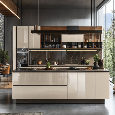 Contemporary Glossy Light Beige Modular Parallel Kitchen Design