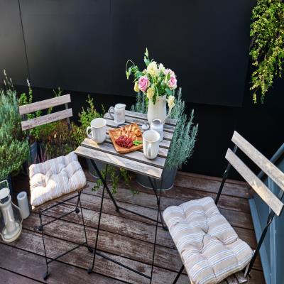 Simple Rustic Balcony Design with White Chairs