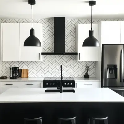 Modern Rectangular Black and White Herringbone Kitchen Tile Design