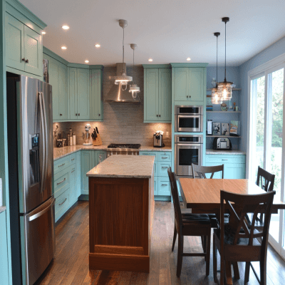 Aqua and Acacia Modern L Shaped Kitchen Design