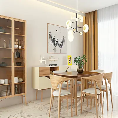 Modern 6-Seater Beige And Wood Dining Room Design With Wooden Storage Cabinet