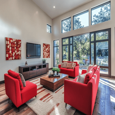 Contemporary Living Room Design With Red Seating and TV Unit