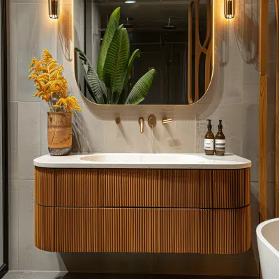 Contemporary Dual Toned Bathroom Design With Wall-Mounted Fluted Wooden Vanity Unit