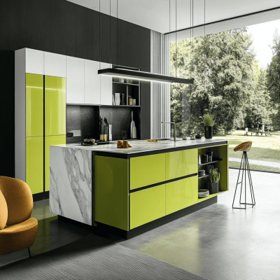Modern Modular Lime Green And White Island Kitchen Design With Marble Kitchen Countertop