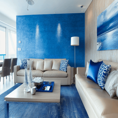 Contemporary Blue Living Room Design With Blue Textured Wall Paint