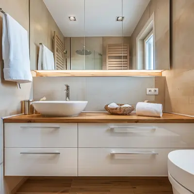 Modern Beige And Brown Bathroom Ideas With White Bathroom Cabinet And Wooden Countertop