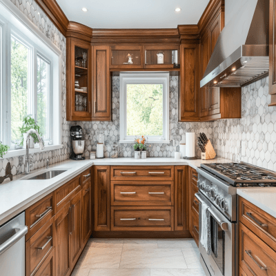 Classic Wooden U Shaped Modular Kitchen Design With Grey Hexagonal Backsplash