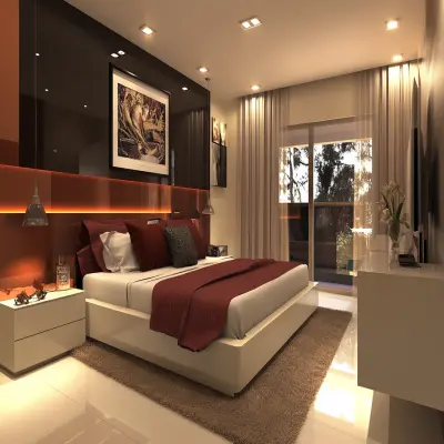 Modern Master Bedroom Design With Dark Glossy Accent Wall And Copper-Toned Panelling