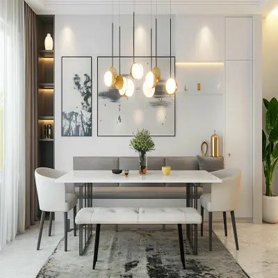 Modern White And Grey 3-Seater Dining Room Design With Long Bench