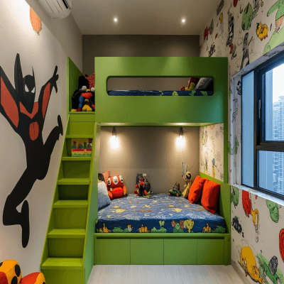 Modern Kids Bedroom Design with Green Bunk Bed and Multicolor Wallpaper
