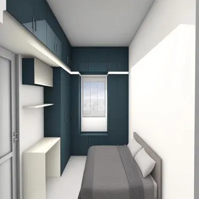 Bedroom with Blue Storage Units and Overhead Cabinets