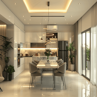 Contemporary Dining Room Design With 6-seater White And Grey Table