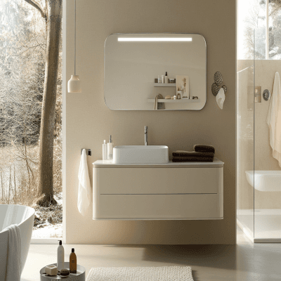 Modern White And Beige Bathroom Design With Rectangular Mirror And LED Lights