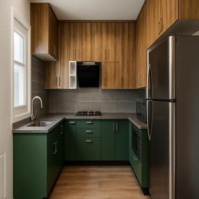 Deep Green and Wood U Shaped Kitchen with Compact Layout