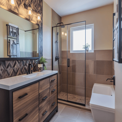 Modern Small Bathroom Ideas With Dark Brown Geometric Shower Accent Wall And Wooden Bathroom Cabinet