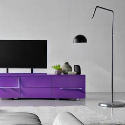 Modern TV Unit Design in Violet Laminate with Grey Wall