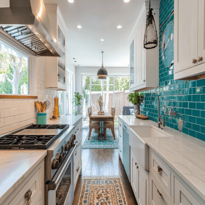 Contemporary White And Turquoise Parallel Kitchen Design With Subway Patterned Dado Tiles