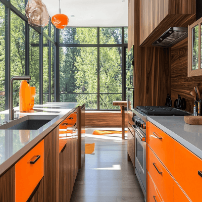 Walnut and Orange Contemporary Parallel Kitchen Design