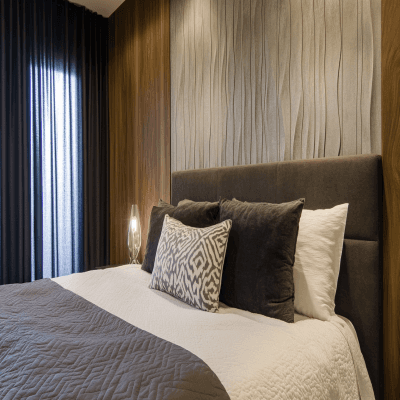 Modern Bedroom Wall Design With Grey Textured Wall And Vertical Wooden Panel